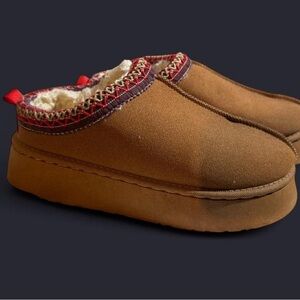 Cozy Brown Suede Slippers with Red Trim